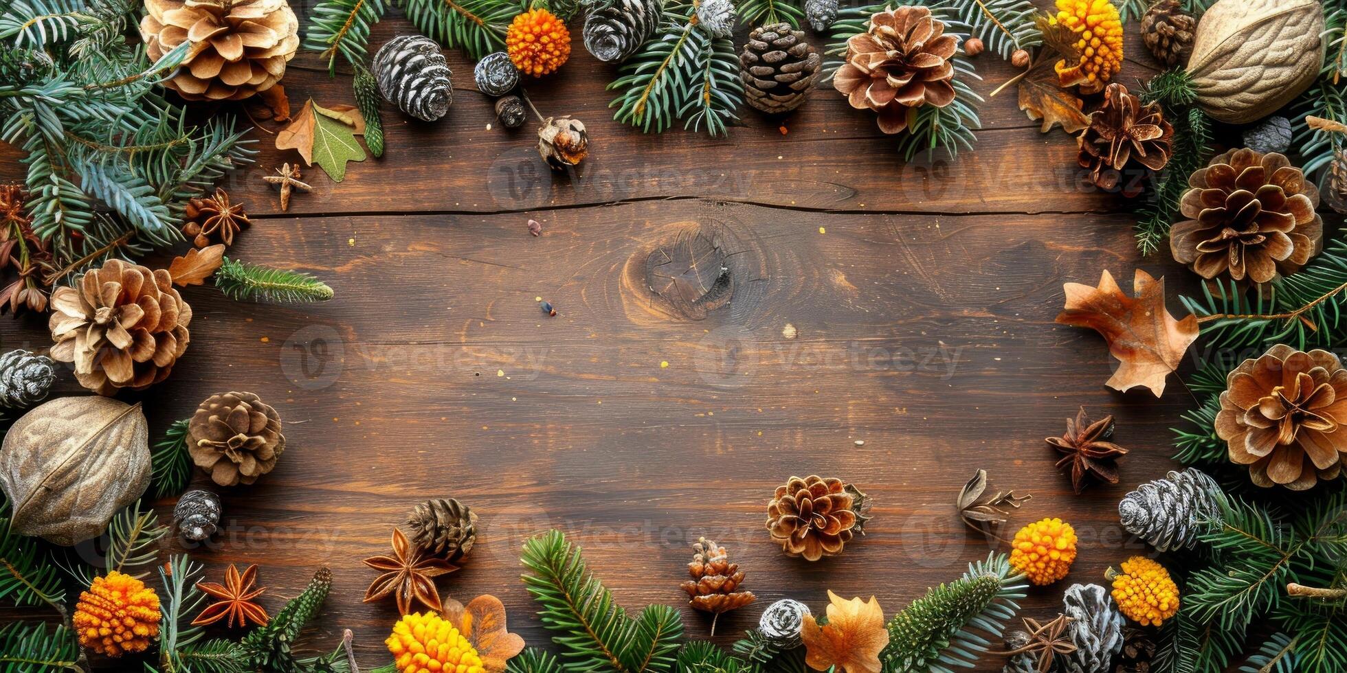 AI generated Christmas background with fir tree branches, cones and nuts on wooden background photo