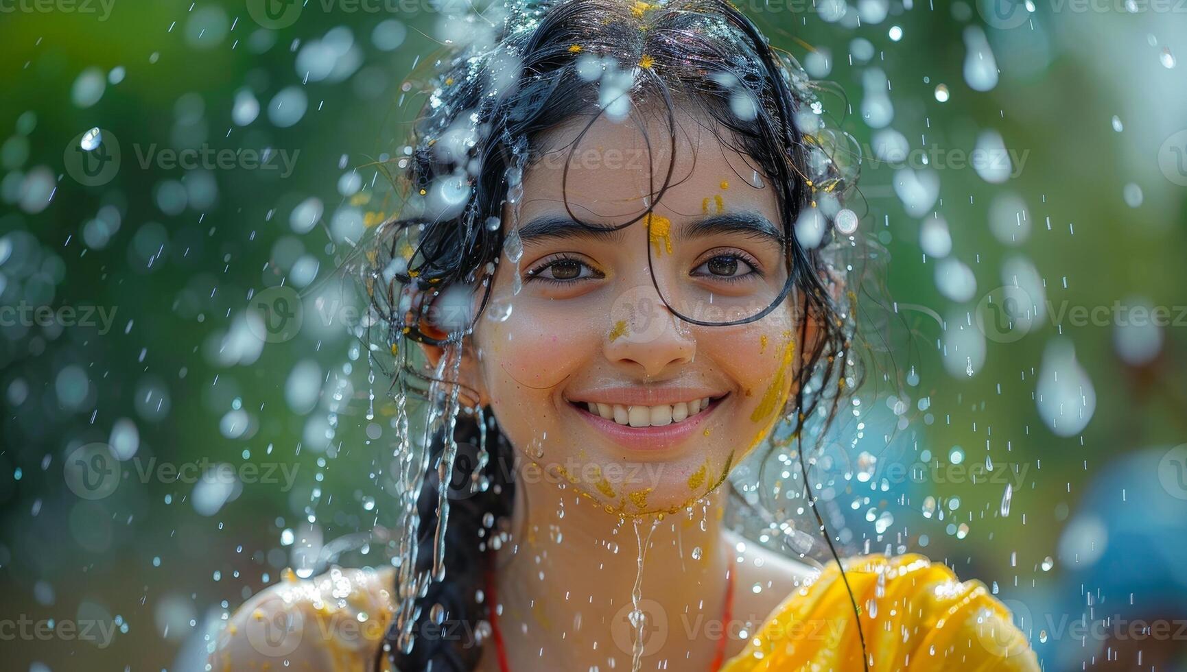 AI generated Beautiful asian young woman playing with water in the park. photo