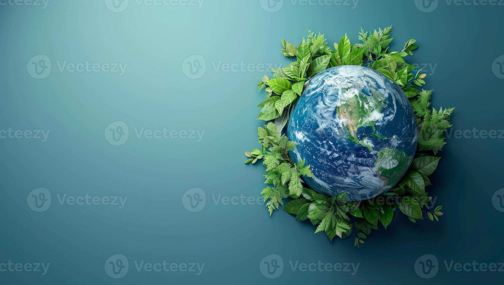AI generated Earth globe surrounded by green leaves, environmental conservation concept. Planet Earth nestled in lush foliage representing sustainable eco friendly living and nature protection. photo