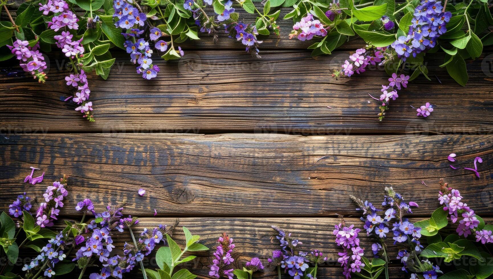 AI generated Vibrant purple lilac flowers on rustic wooden background. Spring floral border or frame with fresh blooming lilacs and green leaves. Concept of nature, gardening, and seasonal blossoms photo