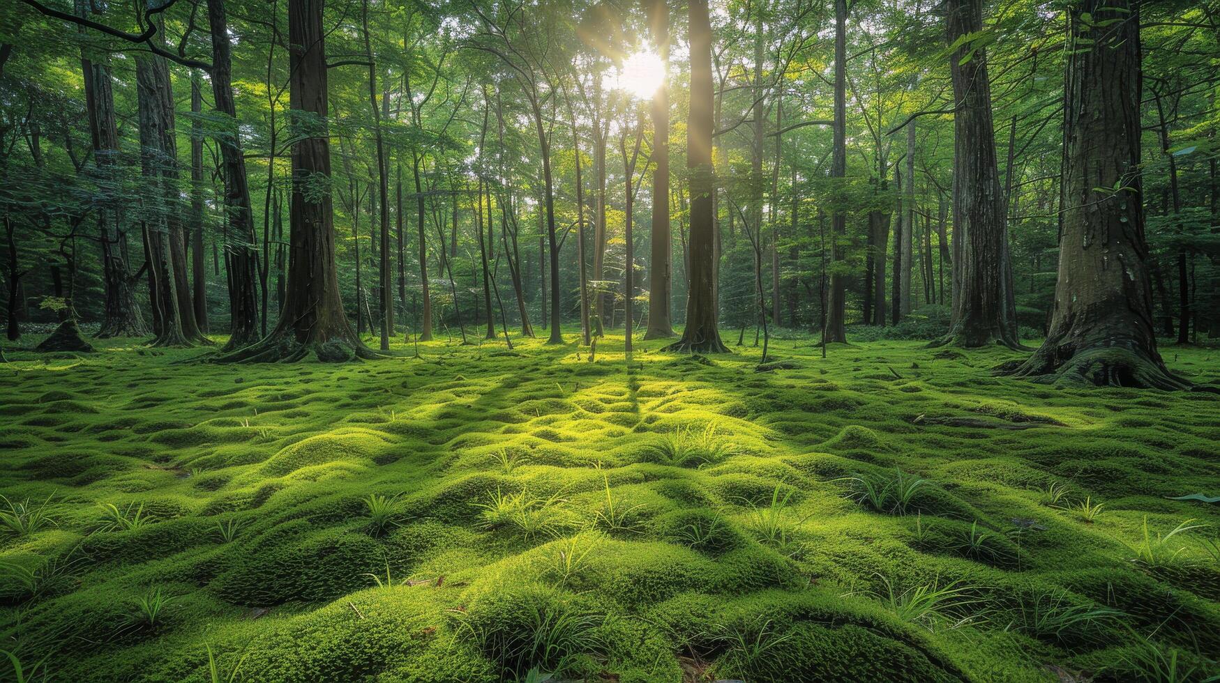 AI generated Sun Shines Through Trees in Green Forest photo