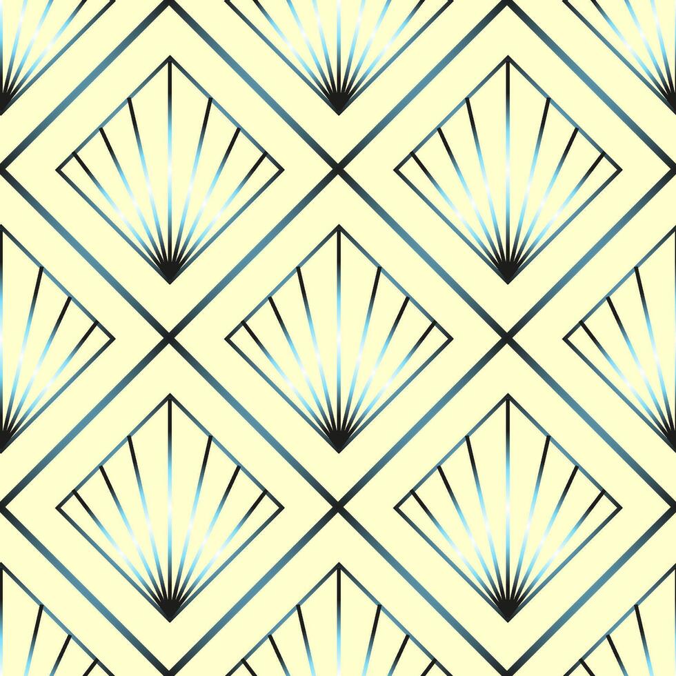 Seamless Art Deco vector pattern with rhombuses, suns, lines and other geometric shapes in gradients