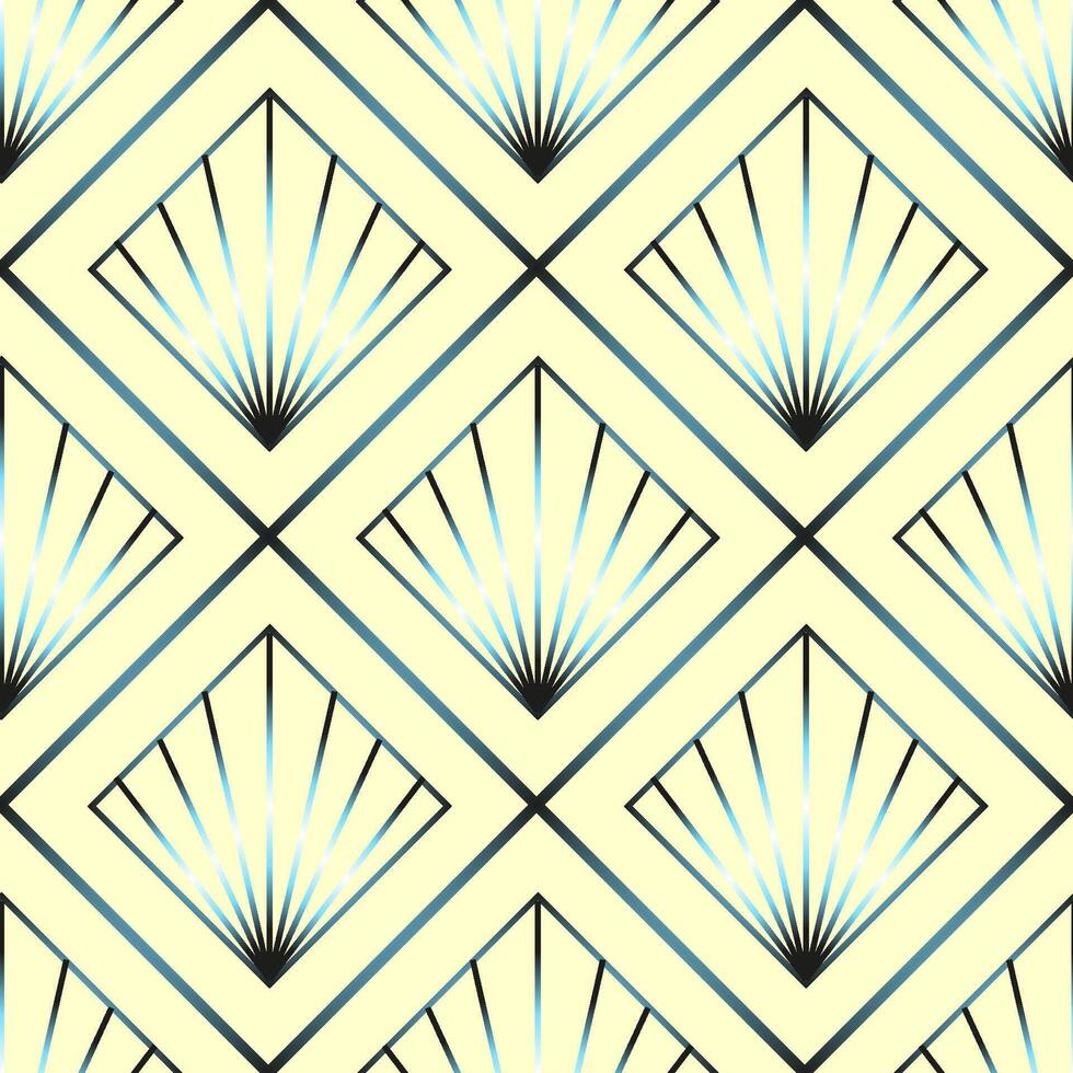 Seamless Art Deco vector pattern with rhombuses, suns, lines and other geometric shapes in gradients