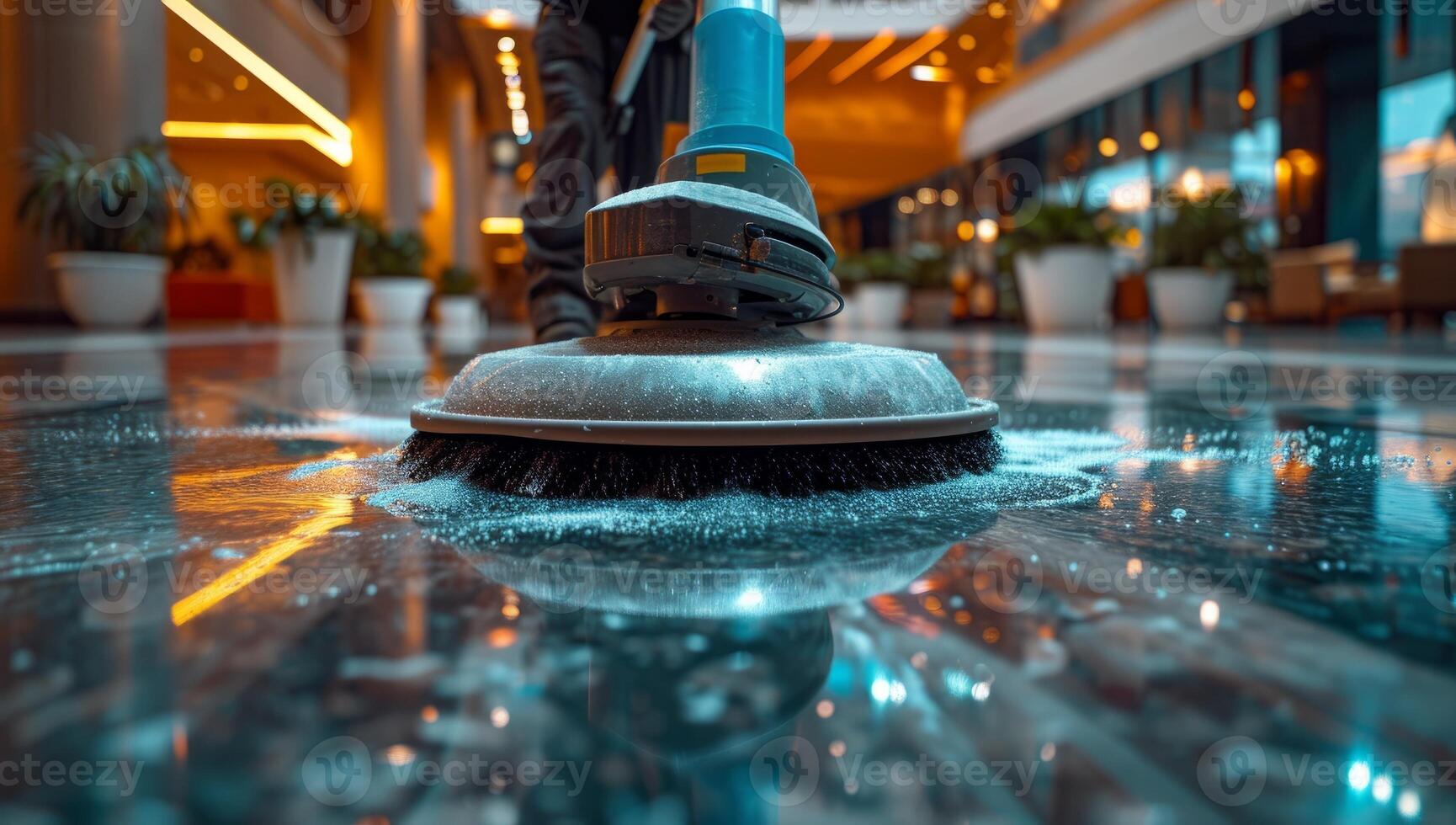 AI generated Professional floor cleaning services. Scrubber machine for cleaning marble floor in the hotel lobby. Cleaning company worker using industrial floor scrubber machine to clean the floor. photo