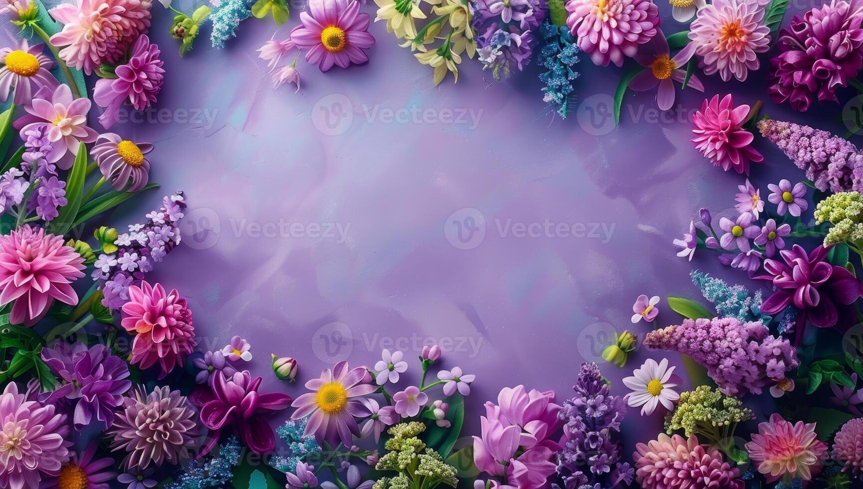 AI generated Colorful flowers background. Top view. Place for your text. photo