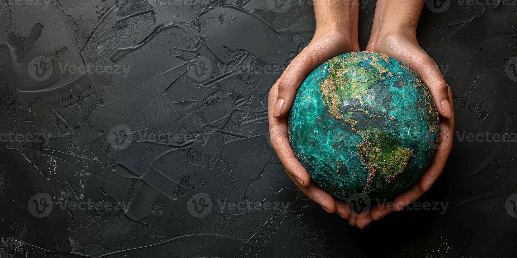 AI generated Hands holding fragile planet Earth, environmental conservation concept. World map on globe surrounded by chalk drawings representing environmental crisis. photo