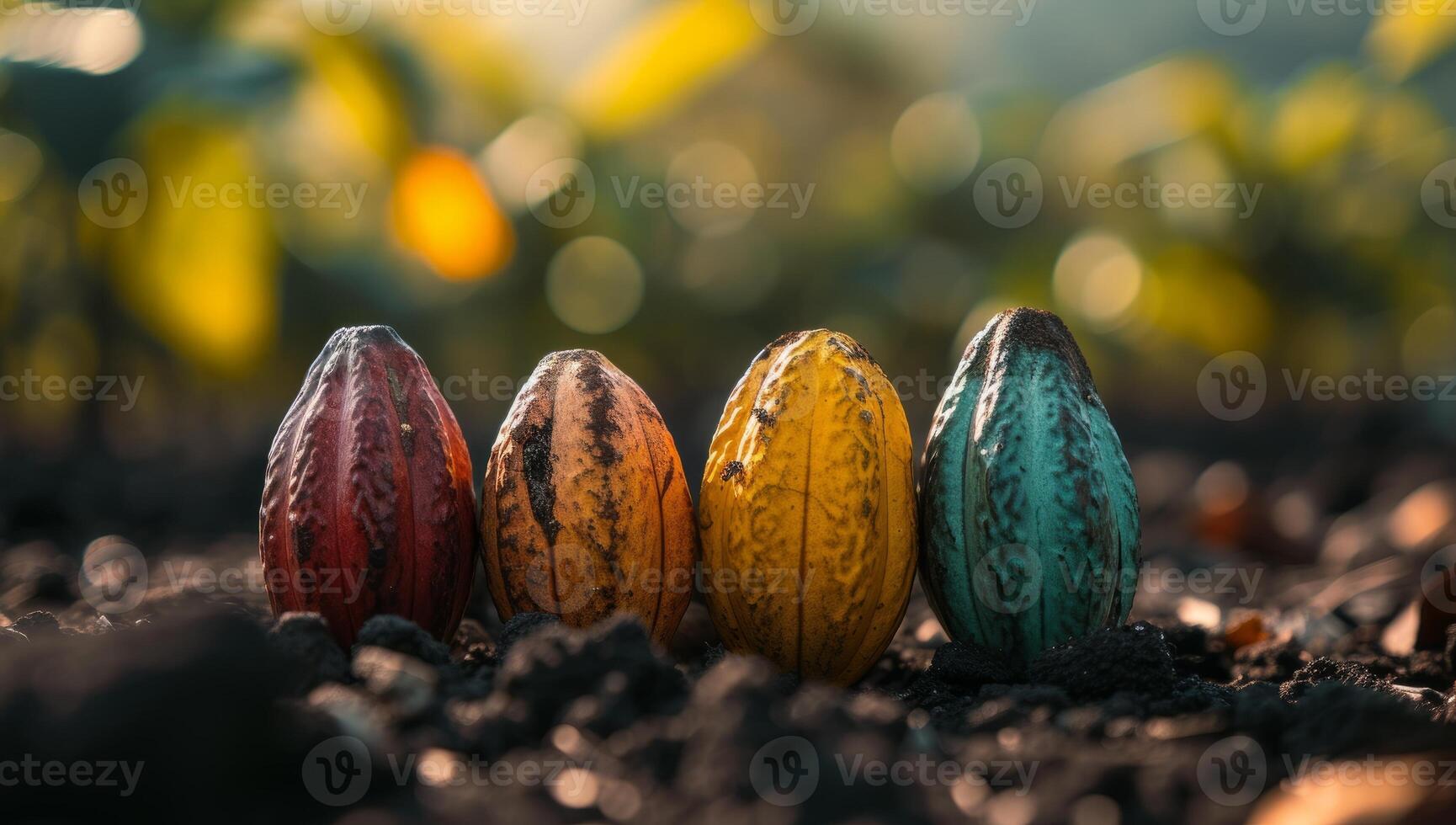 AI generated Colorful cocoa pods on the ground with bokeh background. Cacao fruit diversity and harvest concept. photo