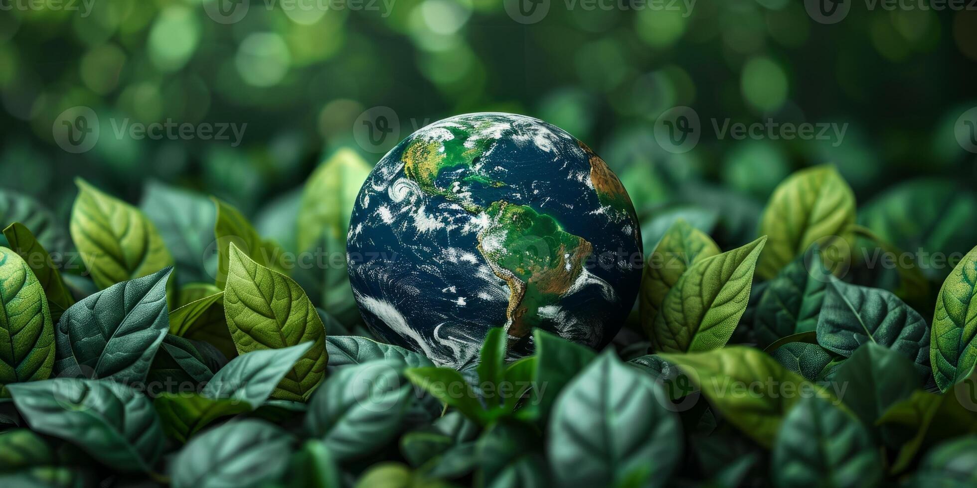 AI generated Planet Earth surrounded by lush green leaves, symbolizing environmental conservation and sustainability. Concept of eco friendly living, nature protection, and global awareness. photo