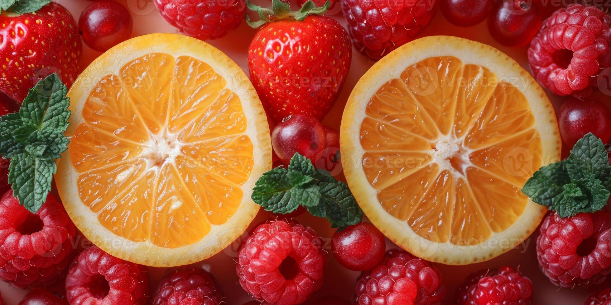 AI generated Raspberry, orange, lemon and mint photo