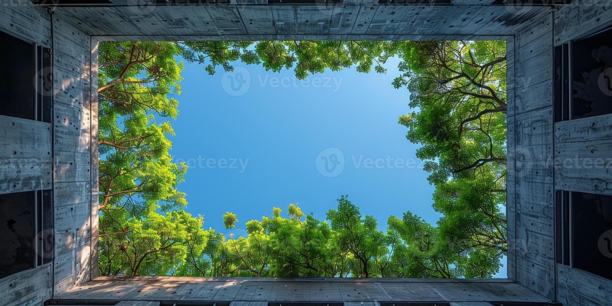 AI generated View of lush green trees under clear blue sky from concrete opening photo