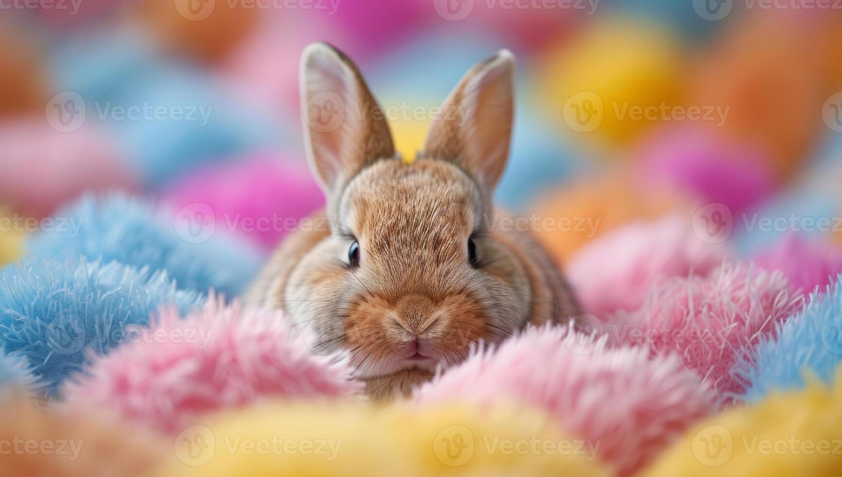 AI generated Adorable bunny nestled in soft, colorful Easter eggs and fluff photo