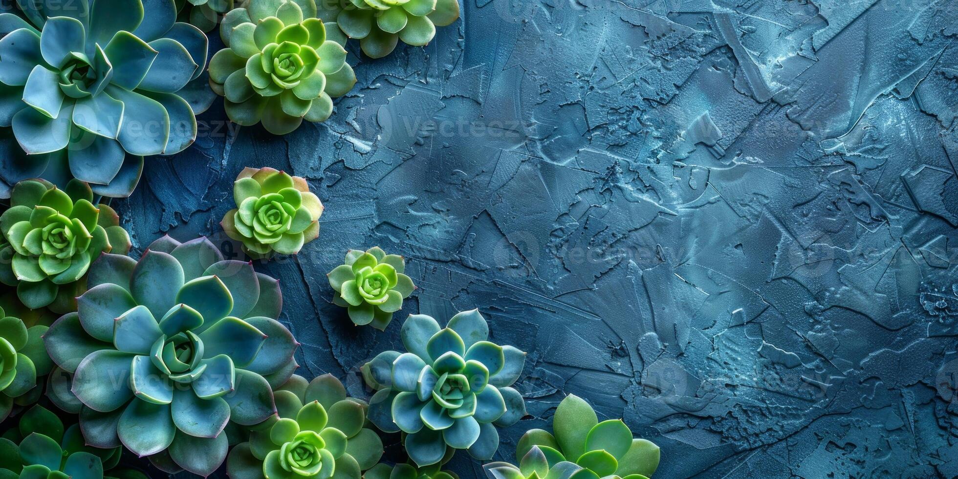 AI generated Succulent plants on blue textured background. Top view. photo