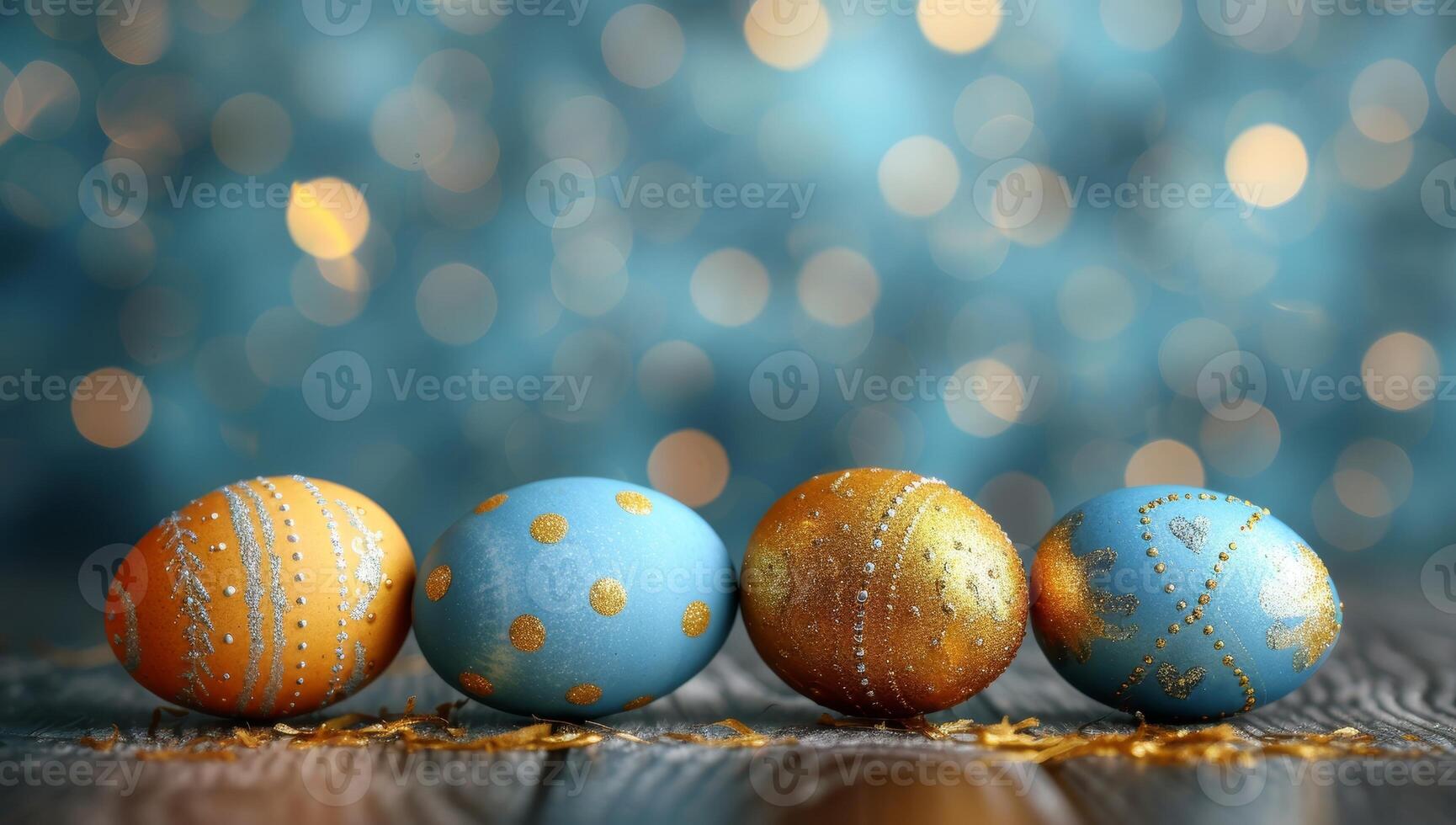 AI generated Four Decorated Easter Eggs on a Wooden Table Against a Blue Sparkly Background photo