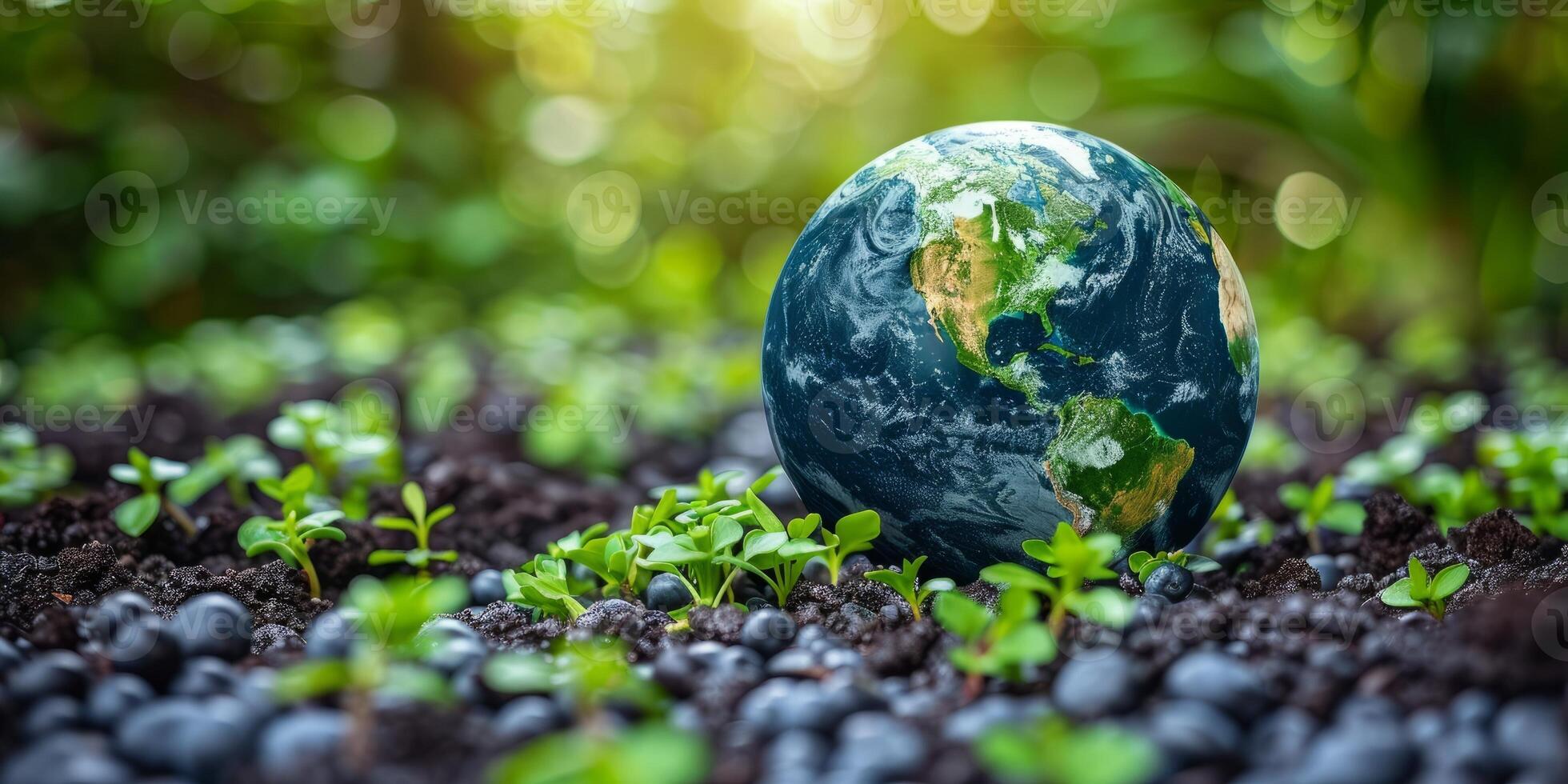 AI generated Close up of a globe with green sprouts growing from soil. Ecology and environment concept. photo