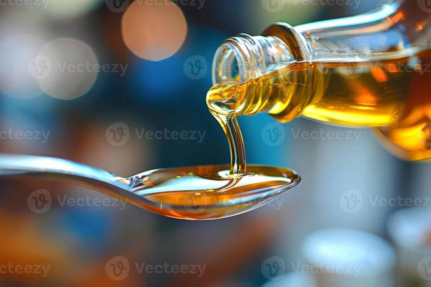 AI generated Pouring golden olive oil from glass bottle with blurred background. Concept of healthy cooking and Mediterranean cuisine. photo