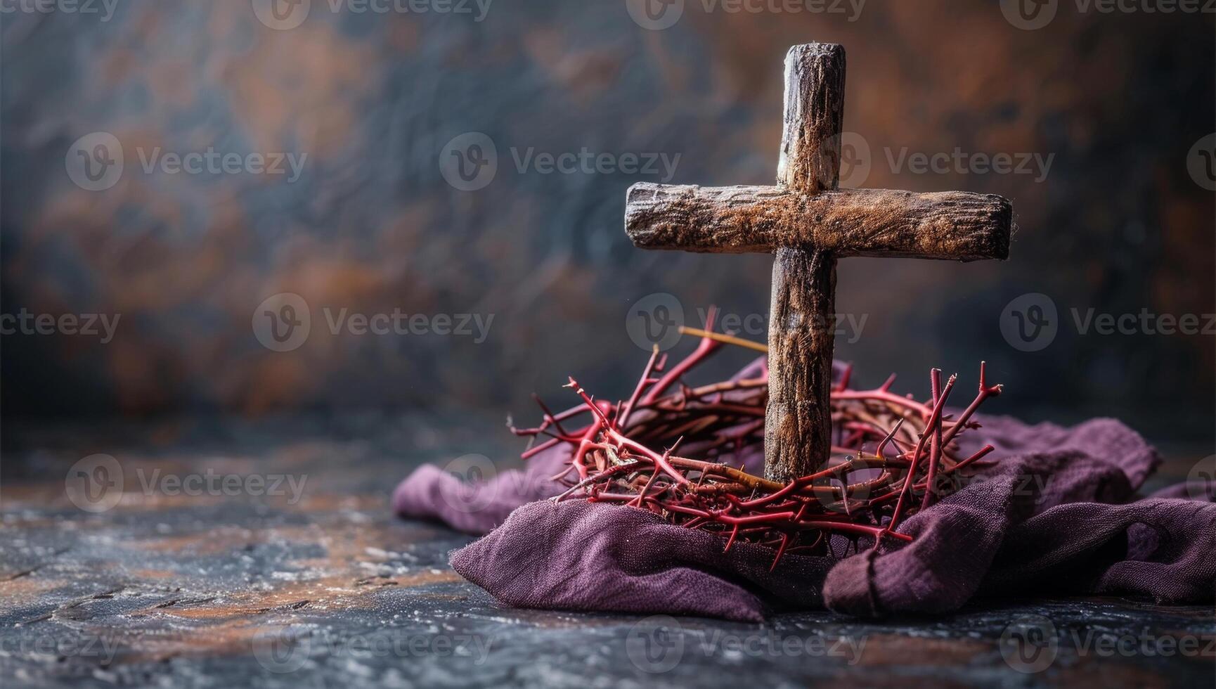 AI generated Vintage wooden cross and crown of thorns on purple cloth photo