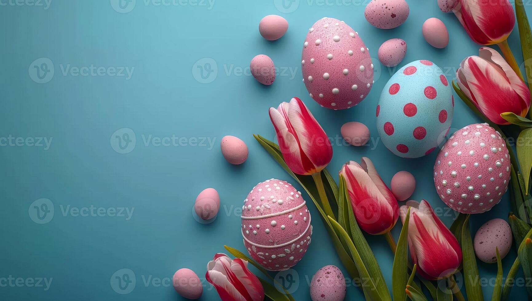 AI generated Colorful easter eggs and tulips on blue background with copy space photo