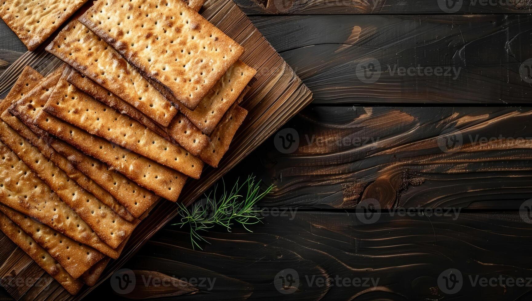AI generated Crispy whole grain crackers with rosemary on rustic wooden background. Healthy snack or appetizer concept. photo