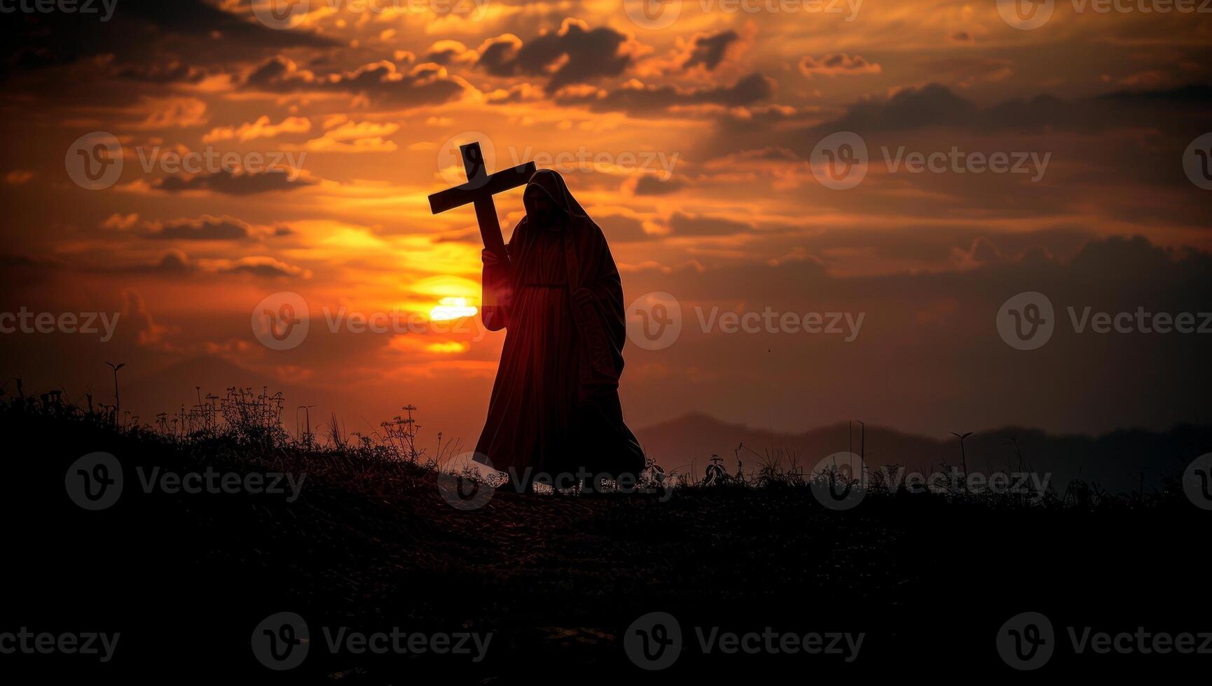 AI generated Silhouette of a man holding a cross at sunset background. photo