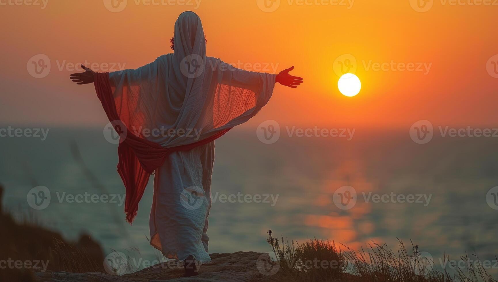 AI generated man in a white robe with a red shawl on his head against the background of the setting sun. photo