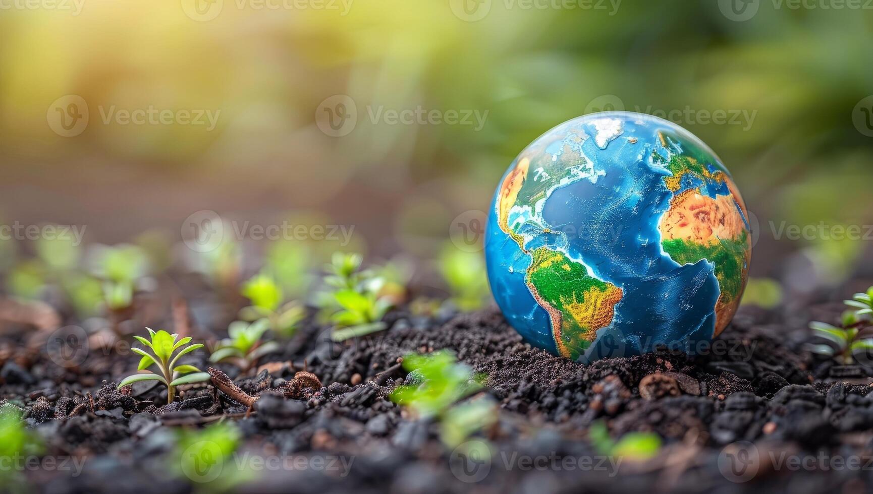 AI generated Fragile planet Earth in soil with green plants. Environmental protection and sustainability concept. photo