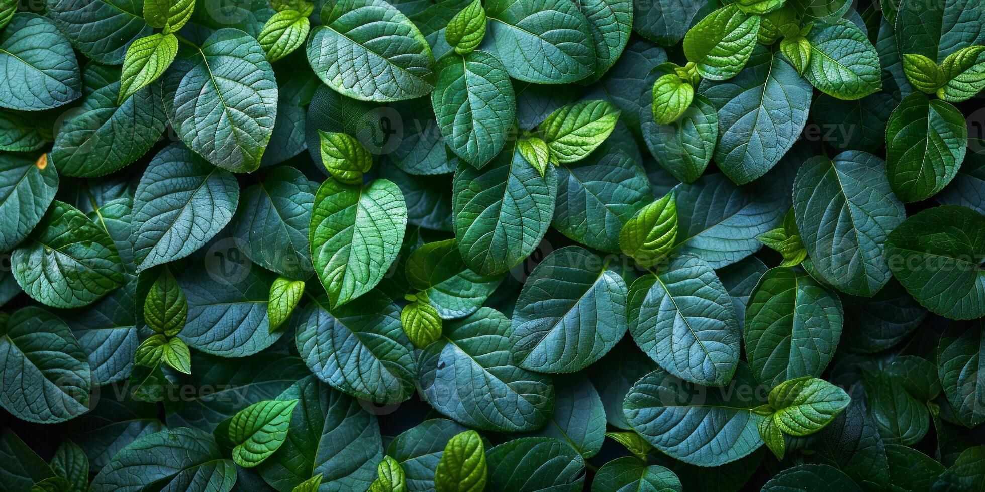 AI generated Green leaves texture background. Top view, flat lay, copy space photo
