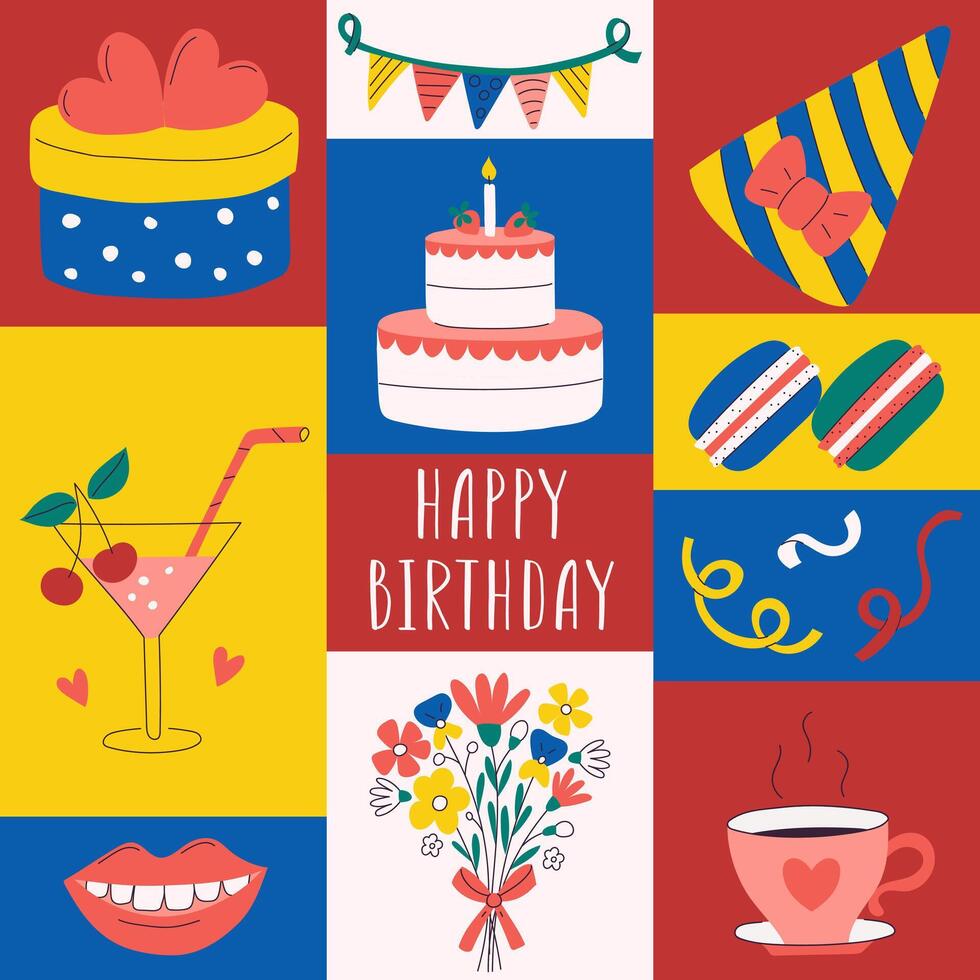 Colorful Birthday greeting card. Template for social media post with bright symbols of Birthday party. Vector illustration with hand drawn decorative elements. Cake, gift, bouquet. Flat cartoon style