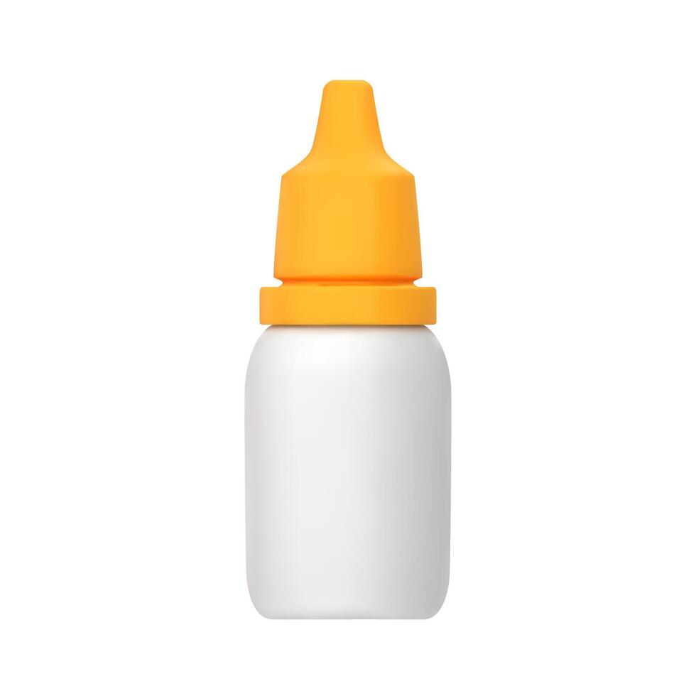 3D Vector nasal, eye drops. Closed plastic bottle. Container with medical drug for nose, eyes. Blank packaging. Vector illustration in cartoon minimal style isolated on a white background