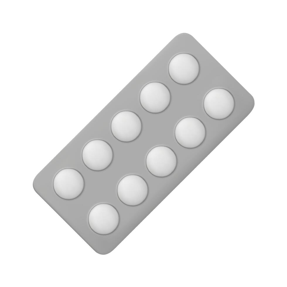 3D vector medical drugs, tabs in package, silver blister pills. Round medicament painkillers, tablets, antibiotics, active additives. Healthcare medicines. Vector illustration isolated on white.