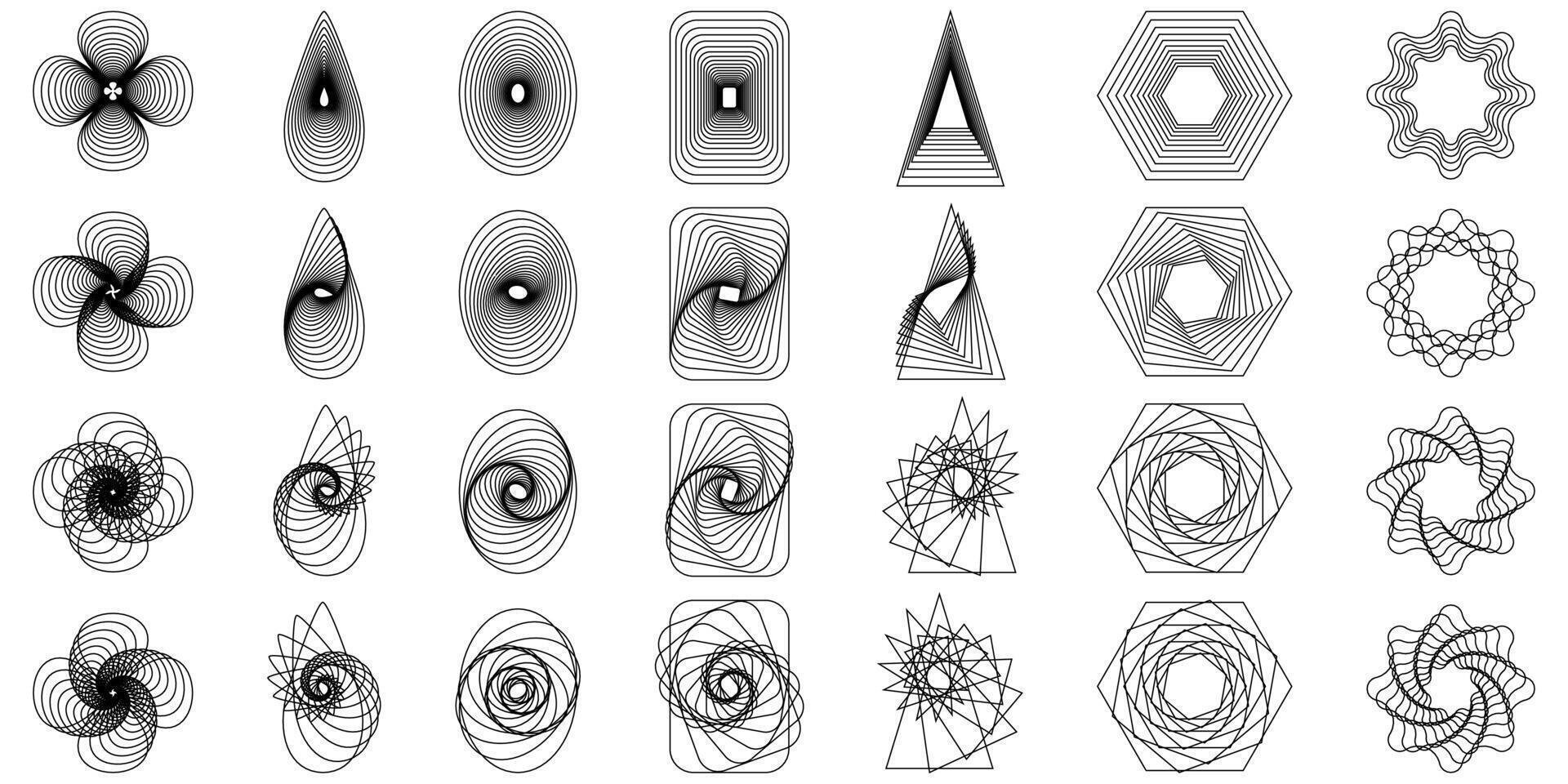 Geometric abstract flower shape set, star figure vector icon kit, funky retro brutal minimal art. Simple Memphis y2k elements collection, floral grid flat bauhaus template. Abstract flower forms