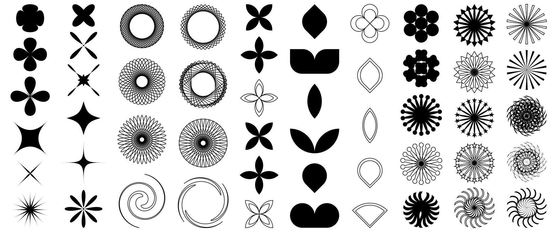 Geometric abstract flower shape set, star figure vector icon kit, funky retro brutal minimal art. Simple Memphis y2k elements collection, floral grid flat bauhaus template. Abstract flower forms