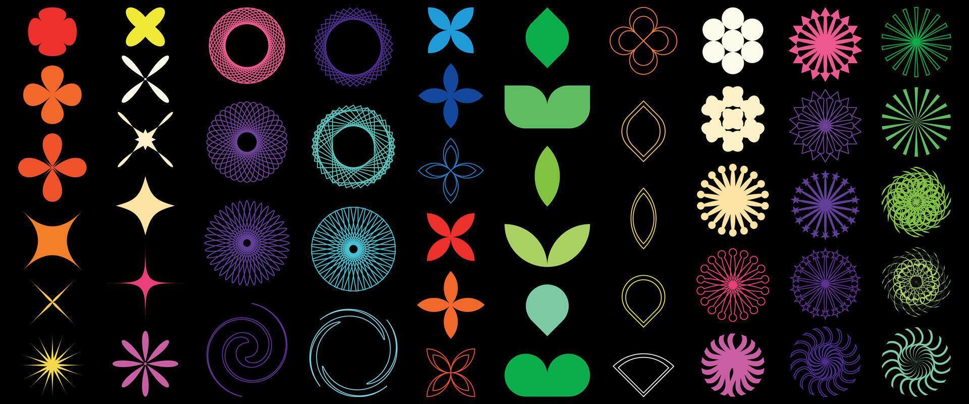 Geometric abstract flower shape set, star figure vector icon kit, funky retro brutal minimal art. Simple Memphis y2k elements collection, floral grid flat bauhaus template. Abstract flower forms