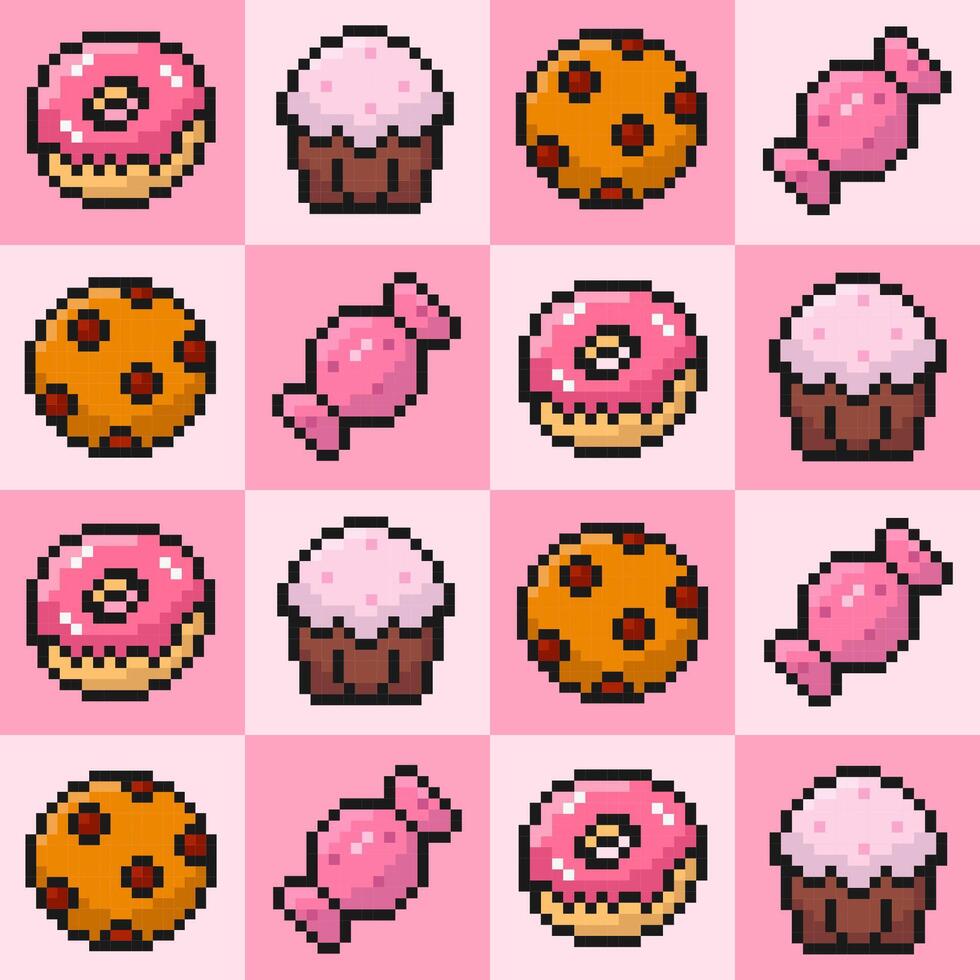 sweets seamless pattern, pixel donut, cupcake, cookie, candy, 8 bit, old arcade game style, sweet food background, wallpaper, vector illustration