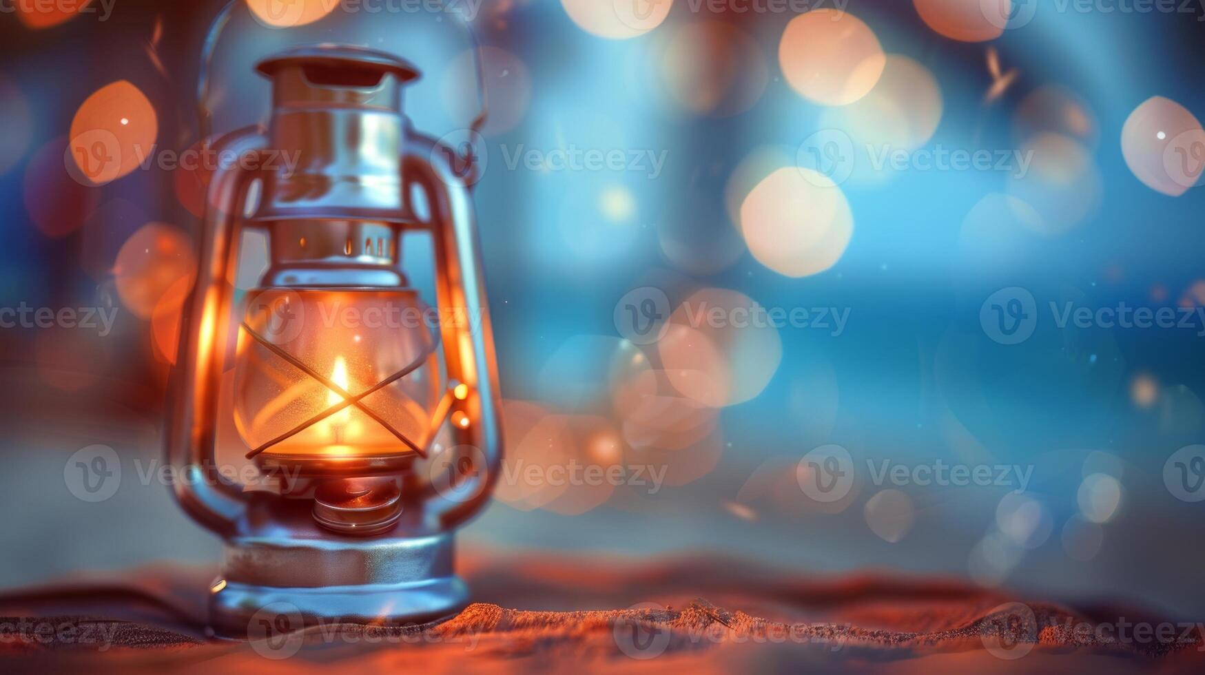 AI generated Vintage kerosene lamp on the sand with bokeh background photo