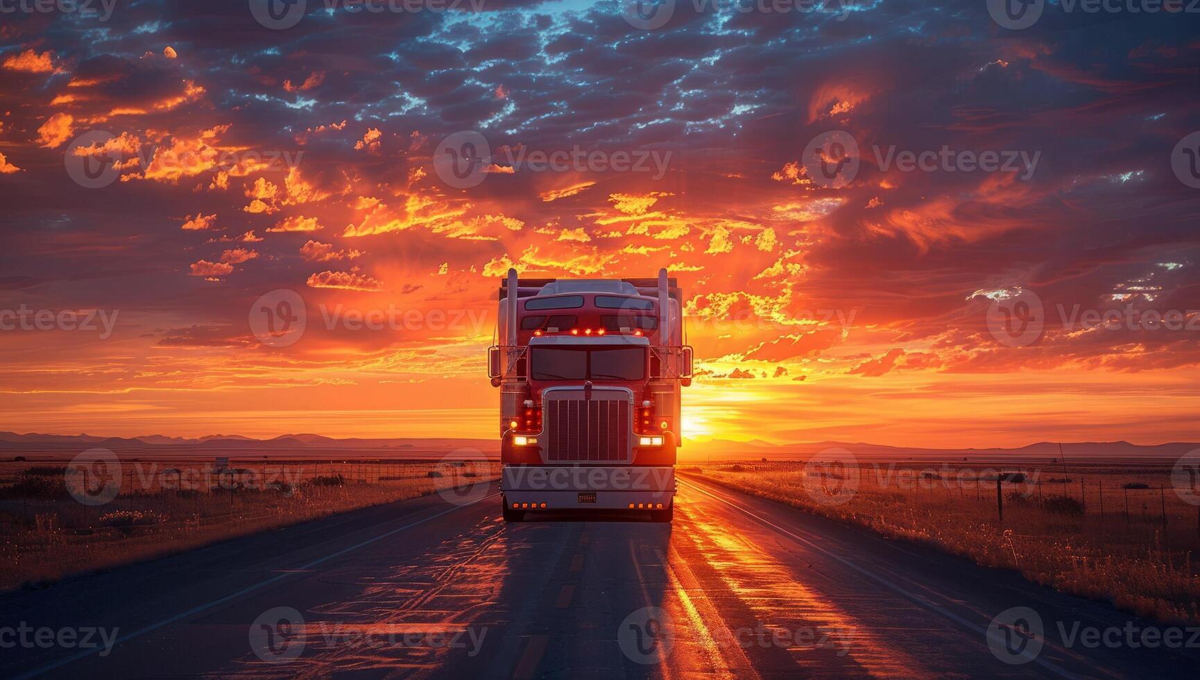 ai generado camión conducción en autopista hacia ardiente puesta de sol horizonte. carga transporte viaje a través de vasto paisaje. foto