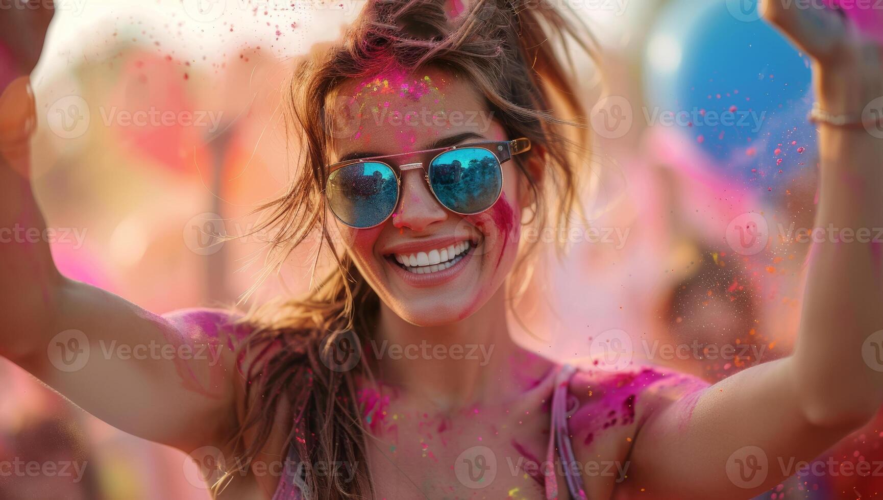 AI generated Young woman having fun at Holi color festival photo