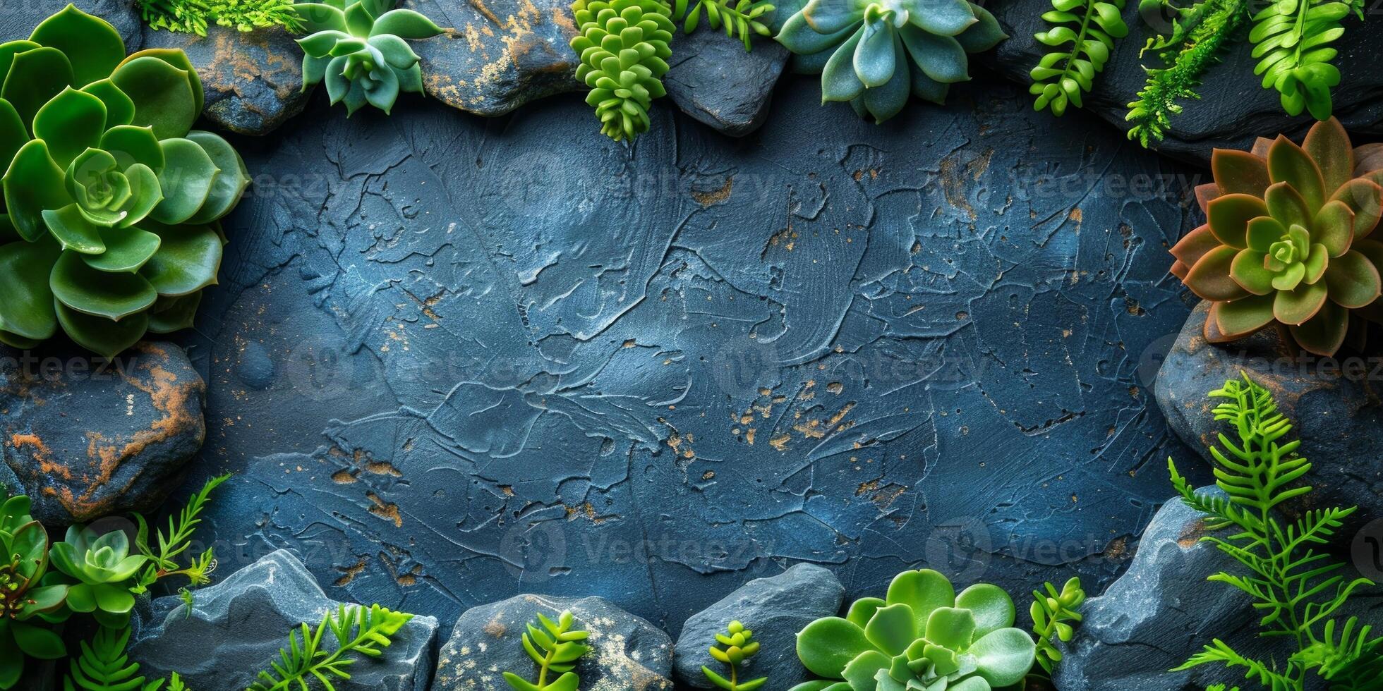 AI generated Succulent plants on dark blue textured background with copy space photo