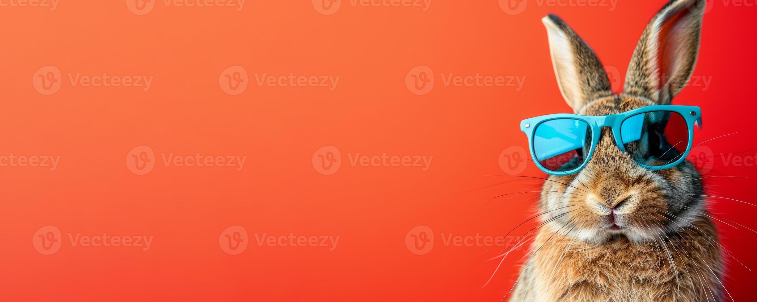 AI generated Funny rabbit wearing blue sunglasses on red background. Humorous and cute concept of animal fashion and style. Easter and spring concept. photo