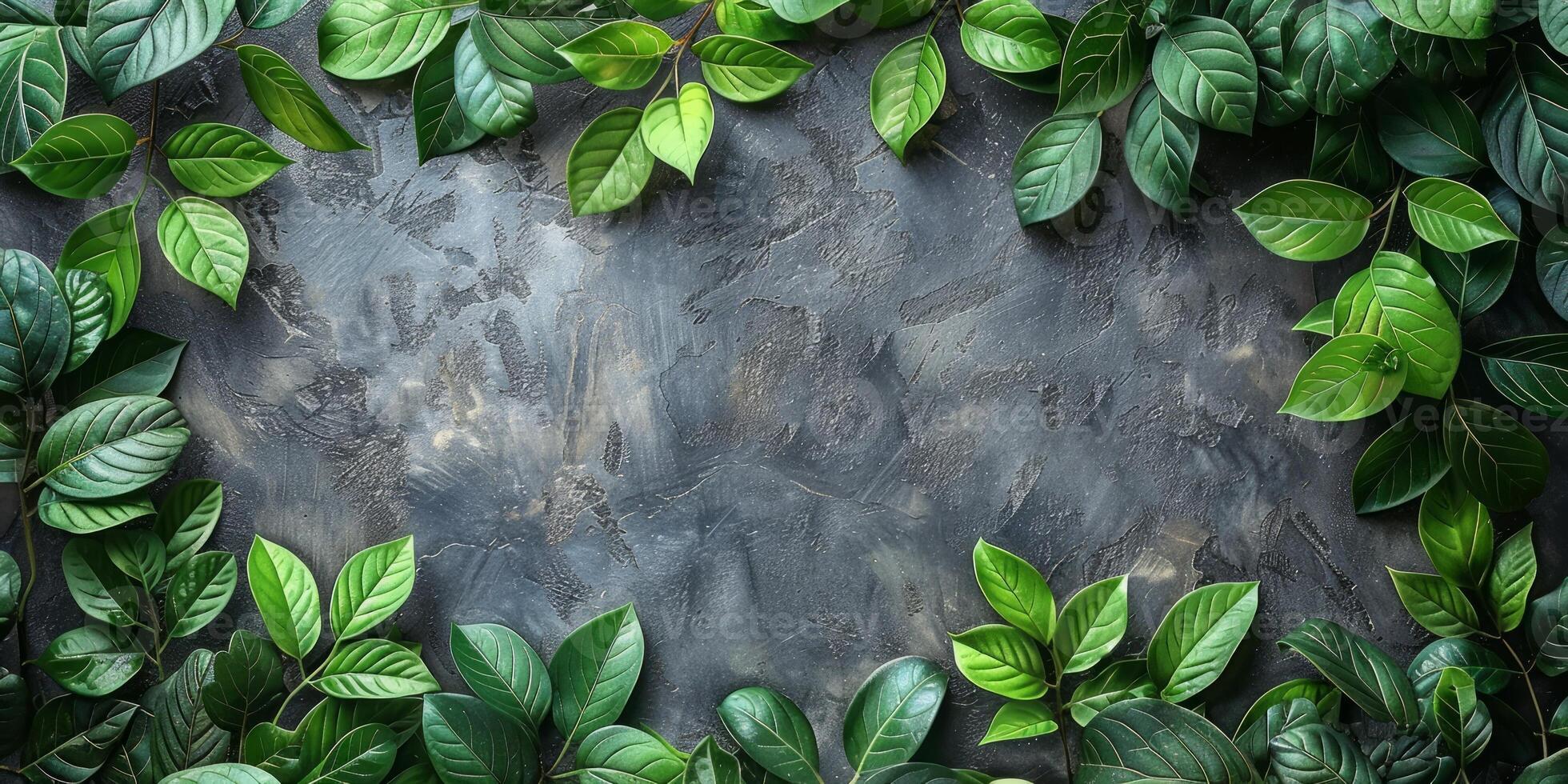 AI generated Green leaves on dark textured background, top view. Space for text photo