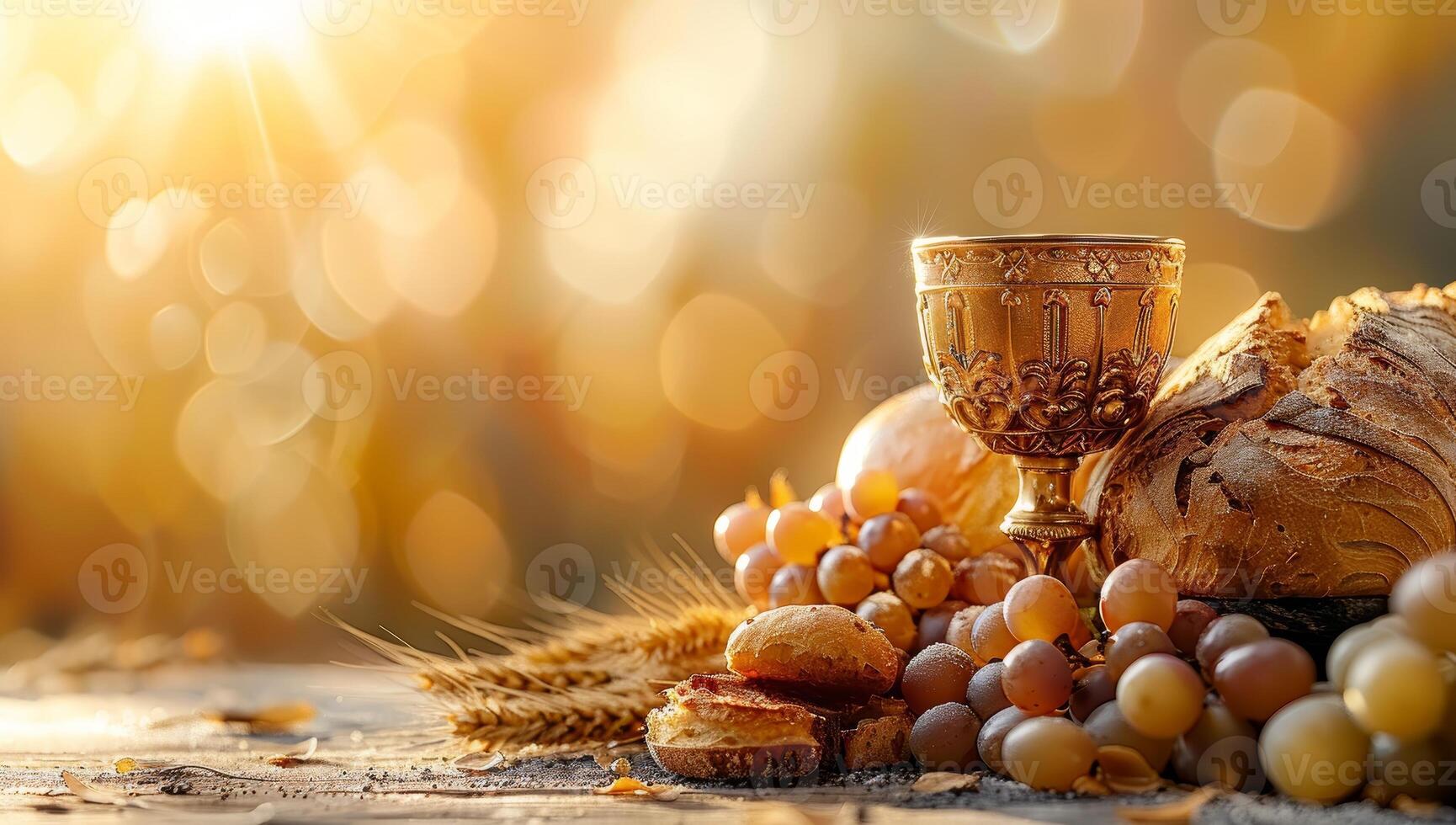 AI generated Sacred grail, bread, grapes and wine on table against blurred background photo