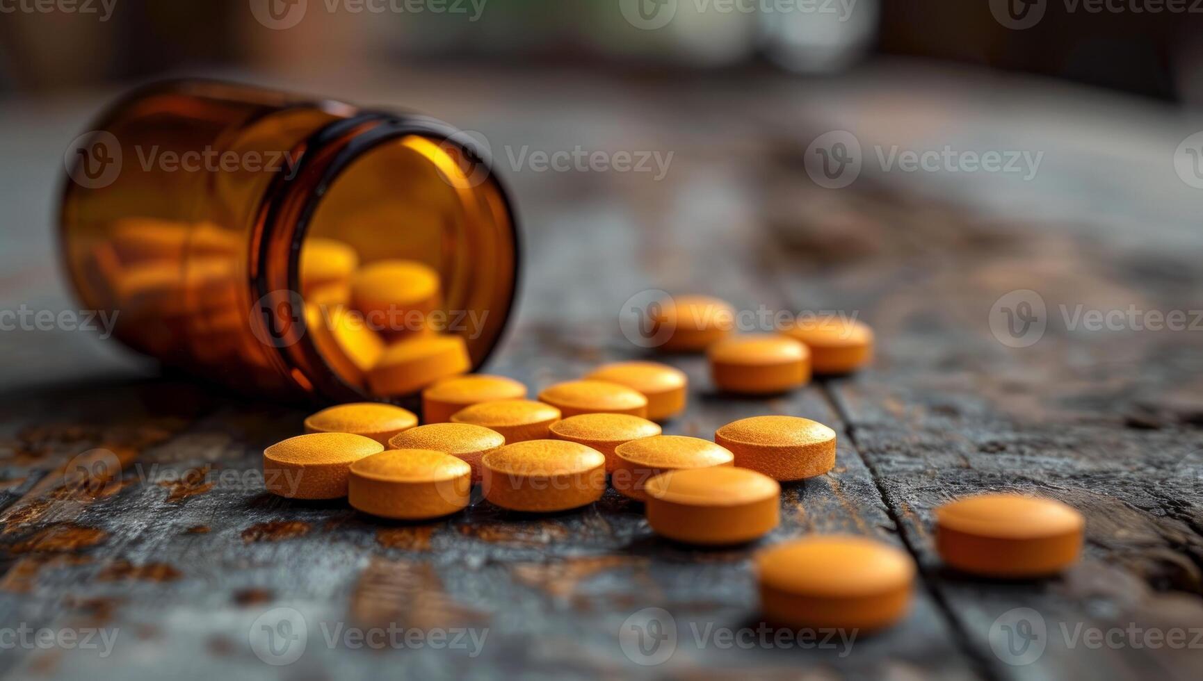 AI generated Prescription medication pills spilled from amber bottle on rustic wooden surface. Concept of healthcare, pharmaceuticals, and drug abuse photo