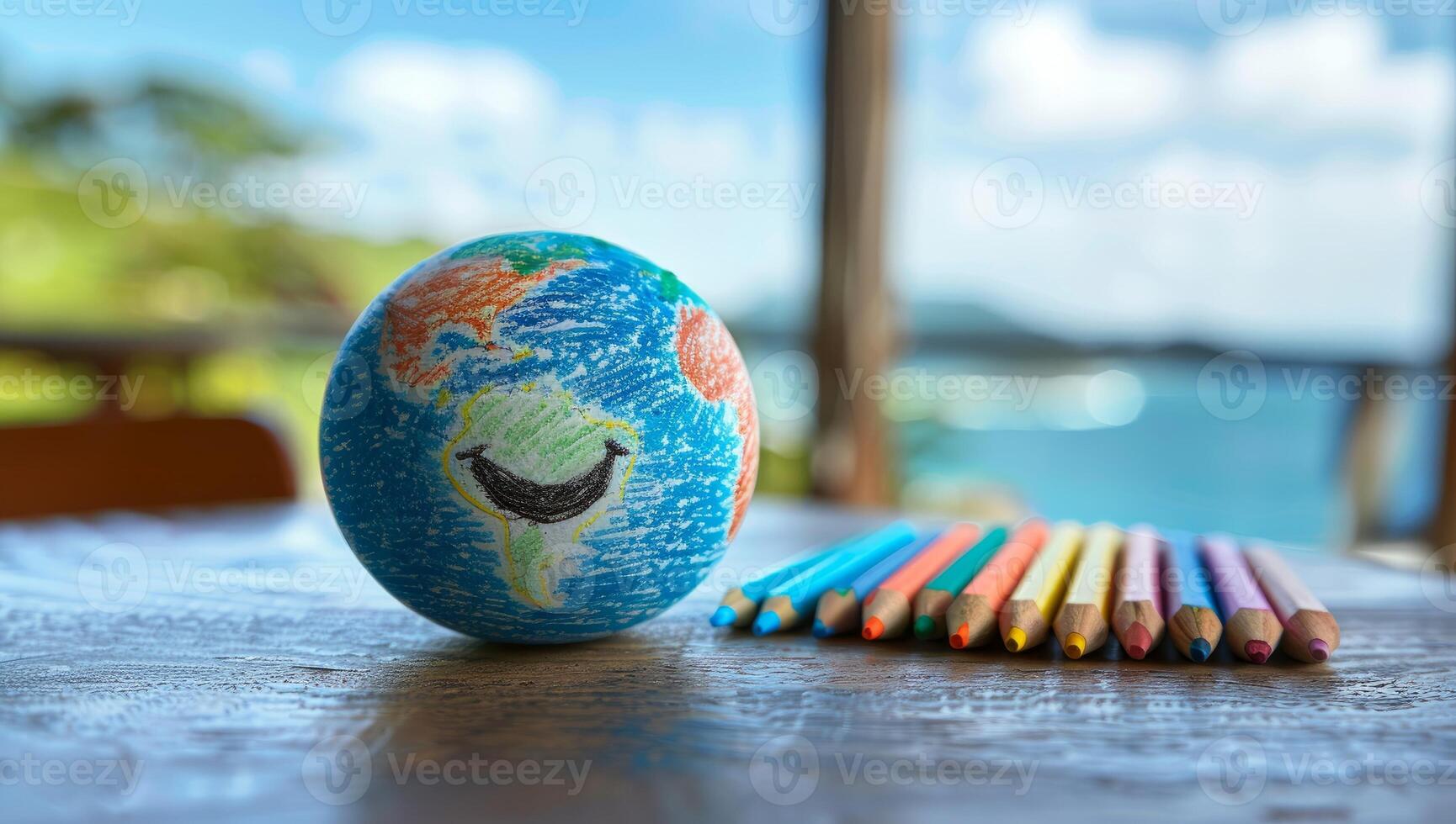 AI generated Globe and colored pencils on wooden table with ocean view. Concept of world education, travel, and creativity. photo