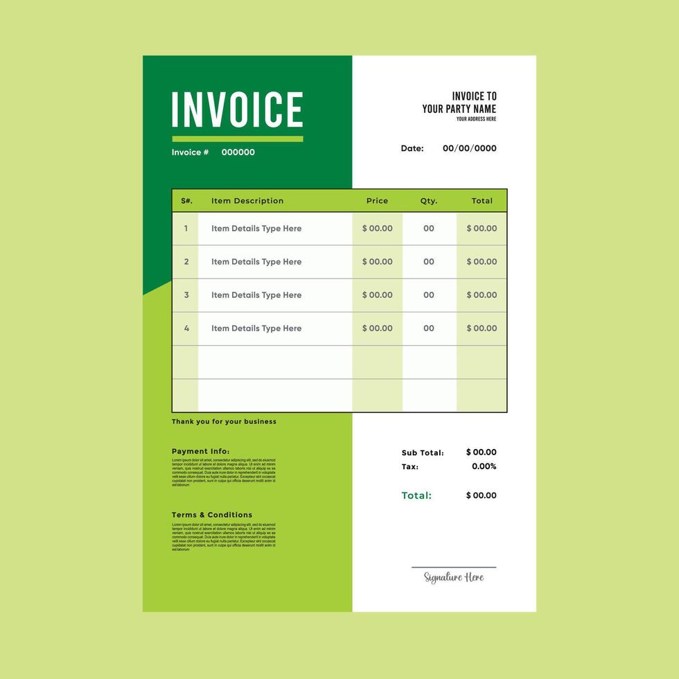 Green invoice template design for your business Business invoice form template Invoicing quotes vector