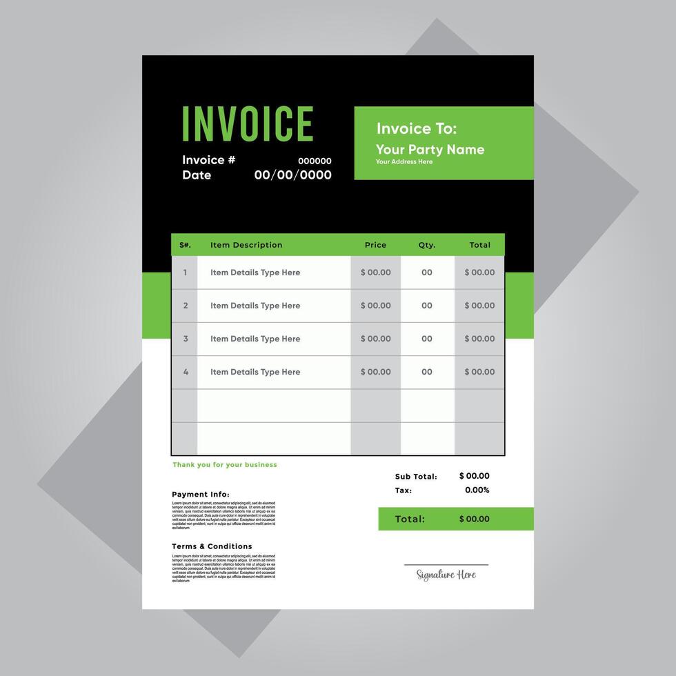 Green and Black invoice template design for your business Business invoice form template new eps 10 vector