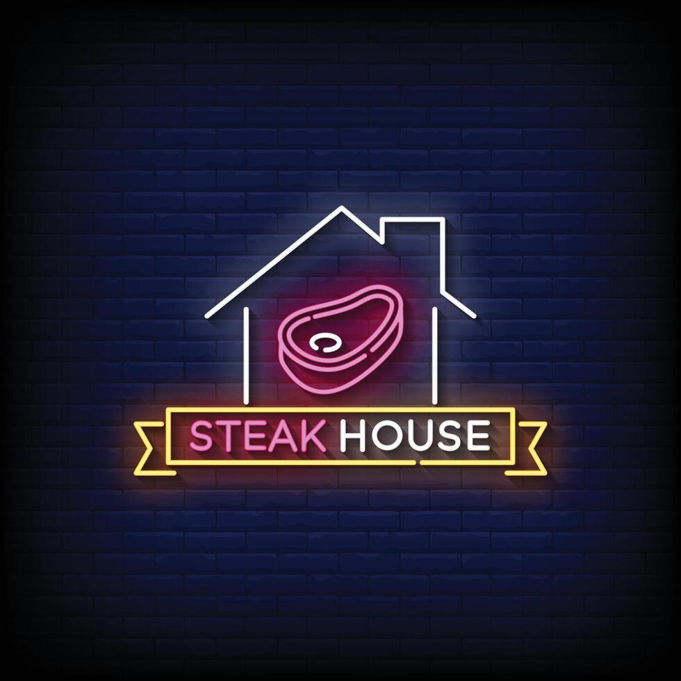 Neon Sign steak house with brick wall background vector