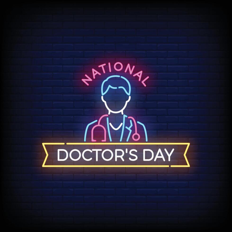 Neon Sign national doctor day with brick wall background vector