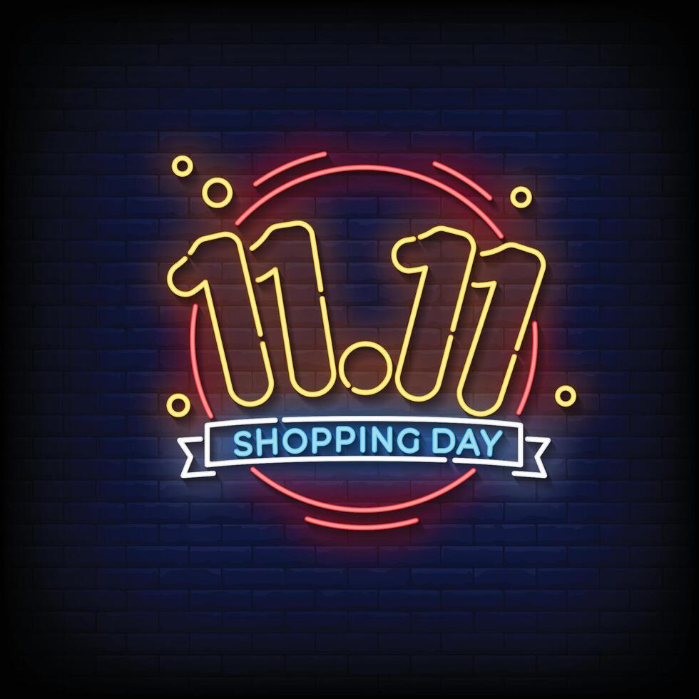 Neon Sign shopping day 11.11 with brick wall background vector