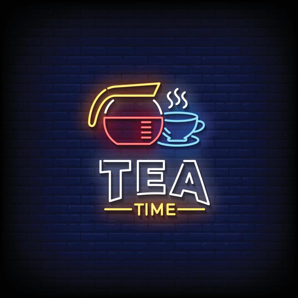 Neon Sign tea time with brick wall background vector