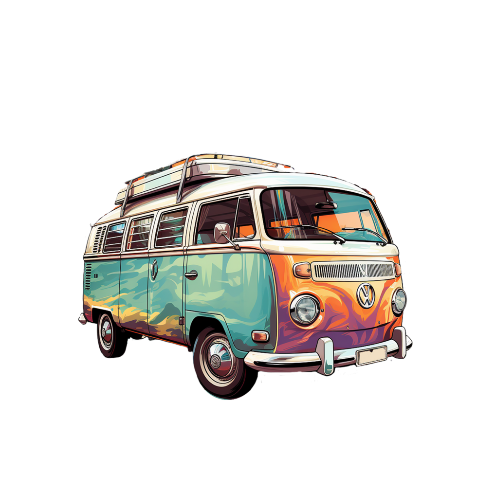 ai gegenereerd kleurrijk retro busje camper auto modern knal kunst stijl, retro busje camper auto sticker, pastel schattig kleuren, PNG