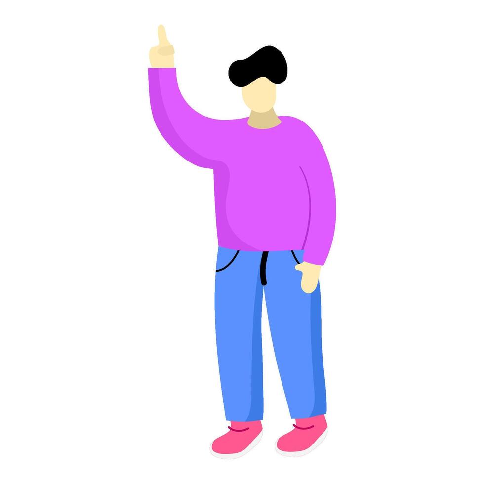 illustration of a standing figure raising his hand wanting to give an opinion, get an idea, presence vector